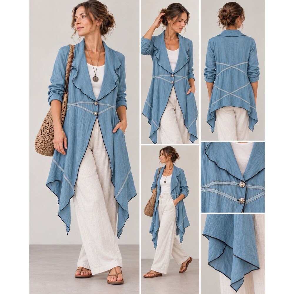 Cynthia Ashby 100% Linen Blue Duster Jacket L Artsy Lagenlook Asymmetrical Boho
